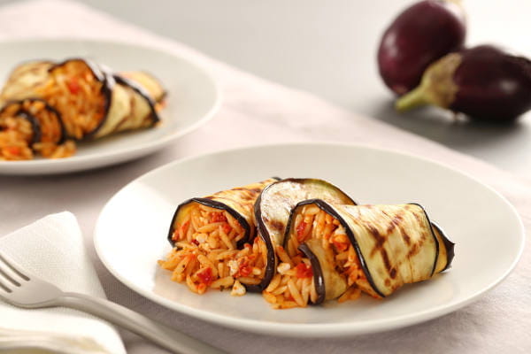 Grilled Orzo-Stuffed Eggplant with Romesco Sauce Recipe