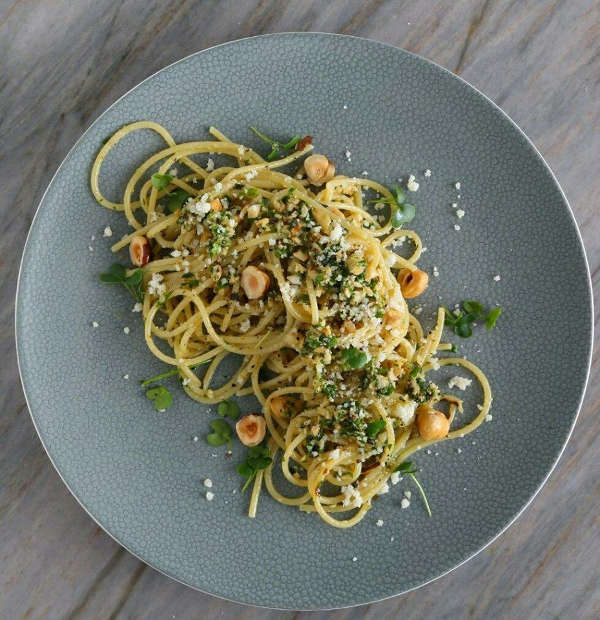 Spaghetti with Homemade Kale-Roasted-Shallot-Hazelnut Pesto