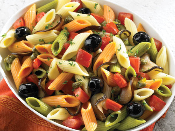 Cold Tri-Color Penne Pasta Salad with Olives & Eggplant